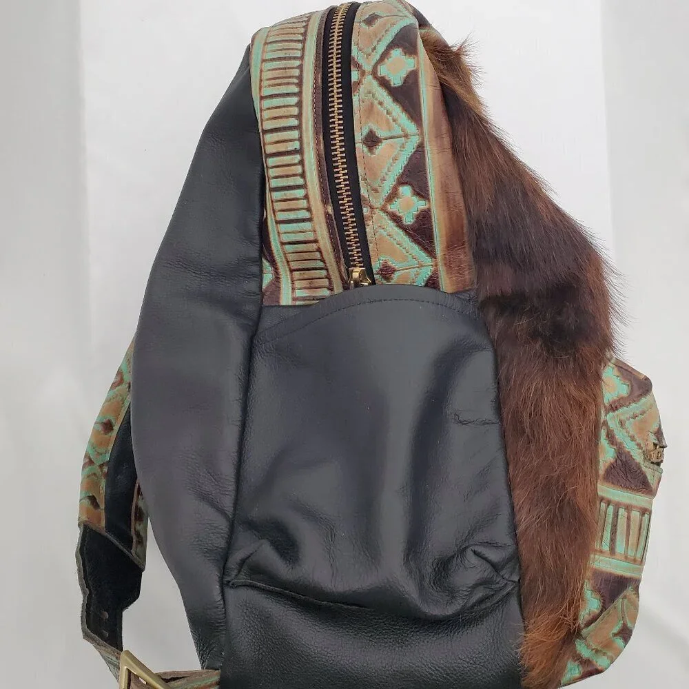 🔥 RARE Western Cowhide & Real Tooled Leather Diaper Bag / Backpack XL 🐄